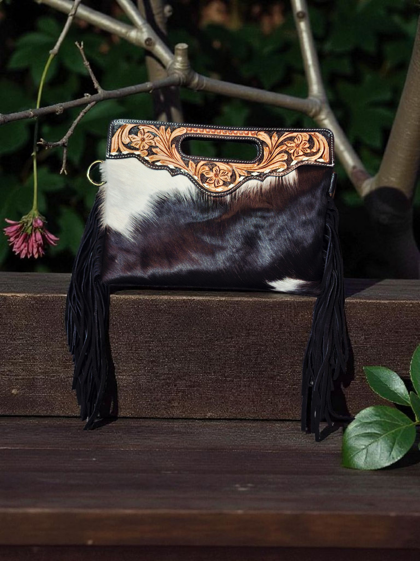 BNB Cowhide & Leather Satchel Bag With Tassels