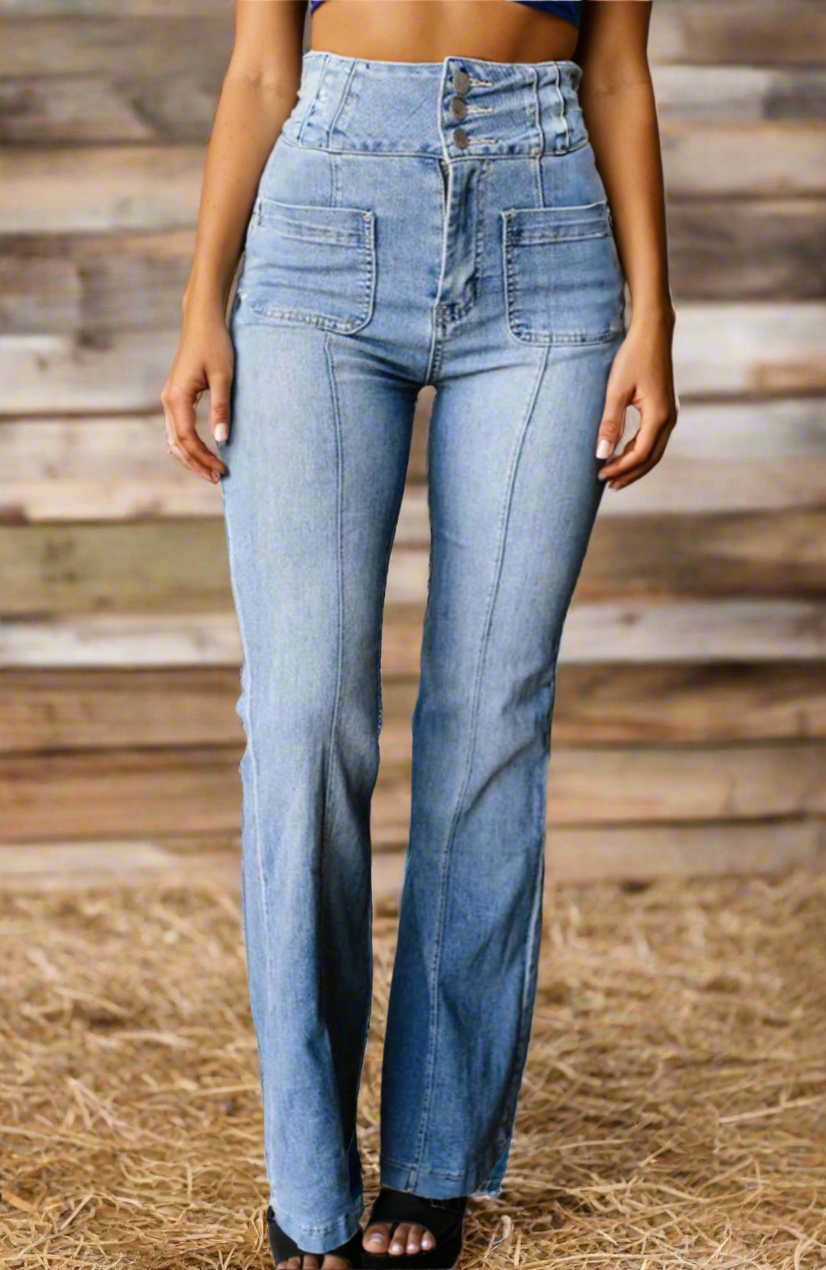 BNB Jeans - HW Light Blue Fly Button Exposed Seam
