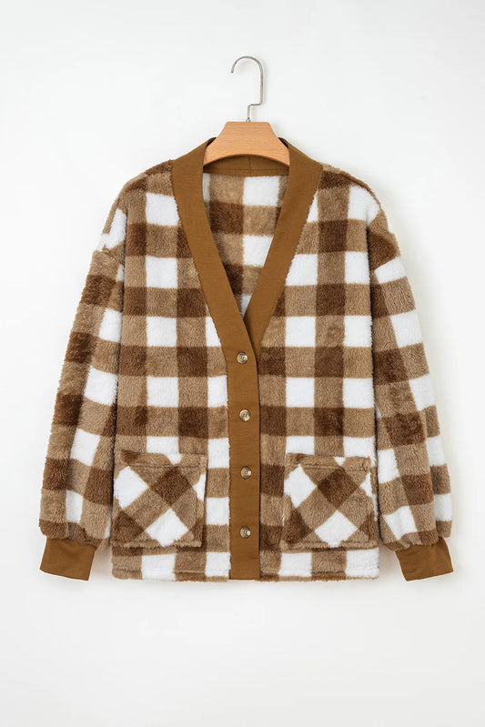 BNB Cardigan - Brown - Checkered Sherpa