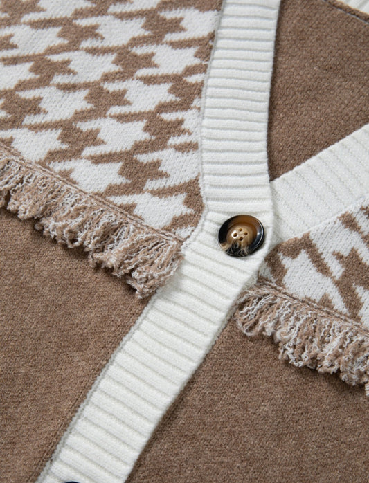BNB Cardigan - Khaki - Colour Block Raw Edge Detail
