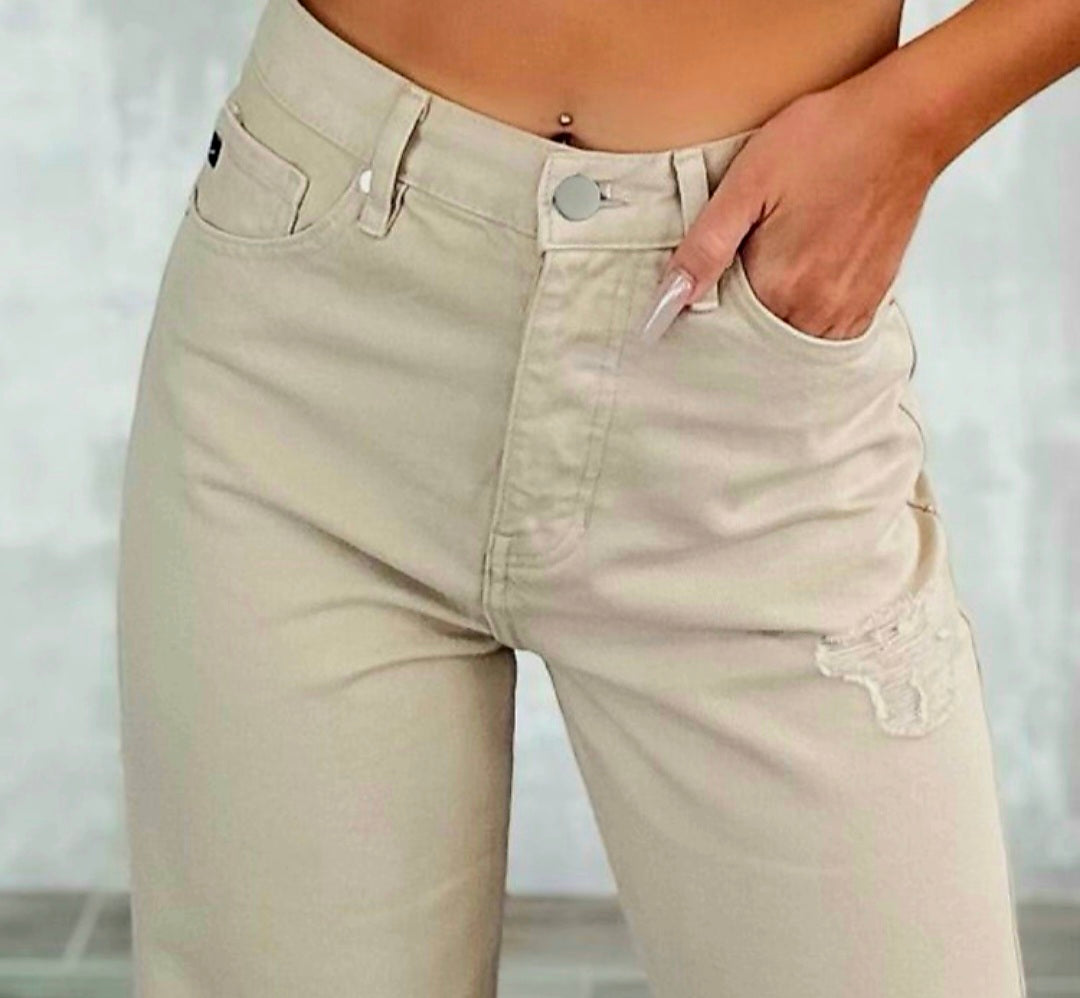BNB Jeans- Khaki HW Ripped Wide-Leg
