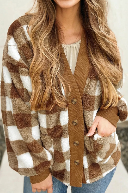BNB Cardigan - Brown - Checkered Sherpa