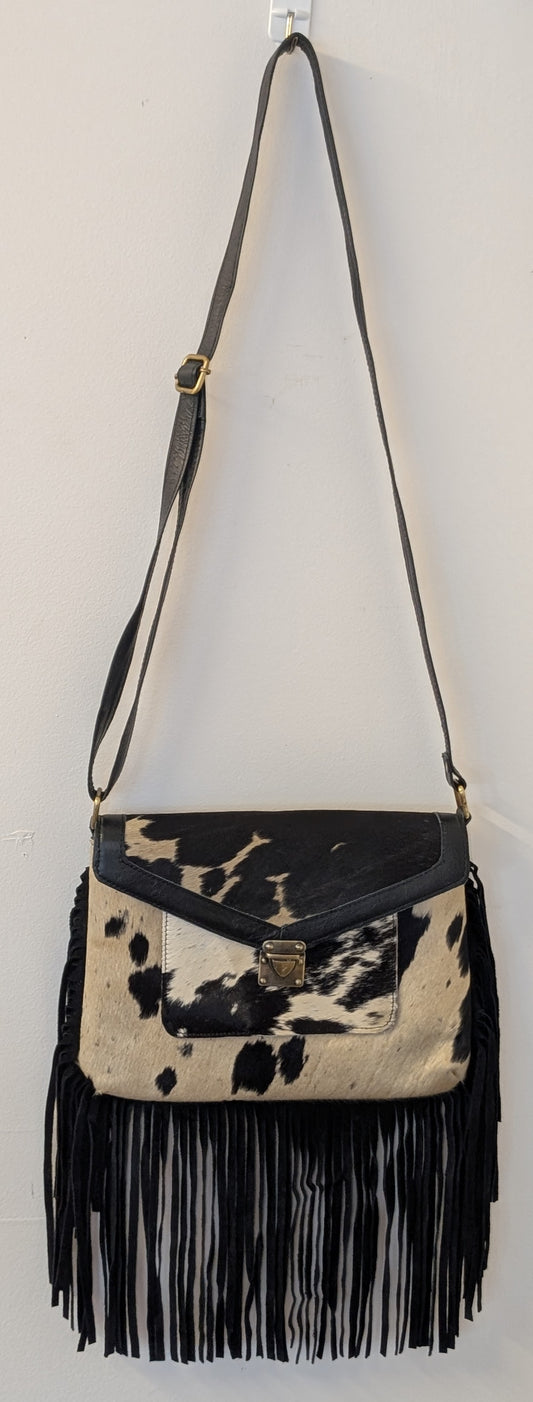 BNB Cowhide & Leather Satchel Bag With Tassels