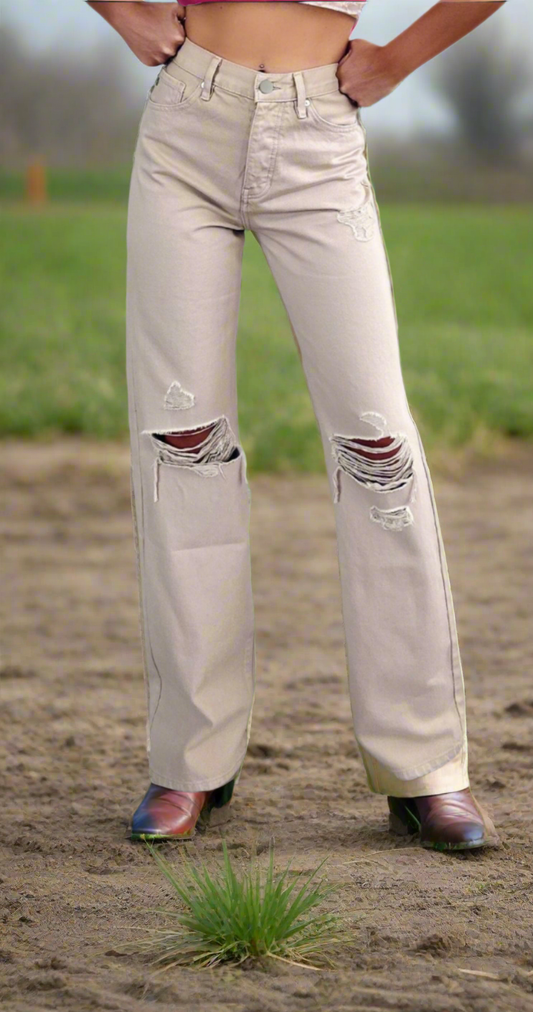 BNB Jeans- Khaki HW Ripped Wide-Leg