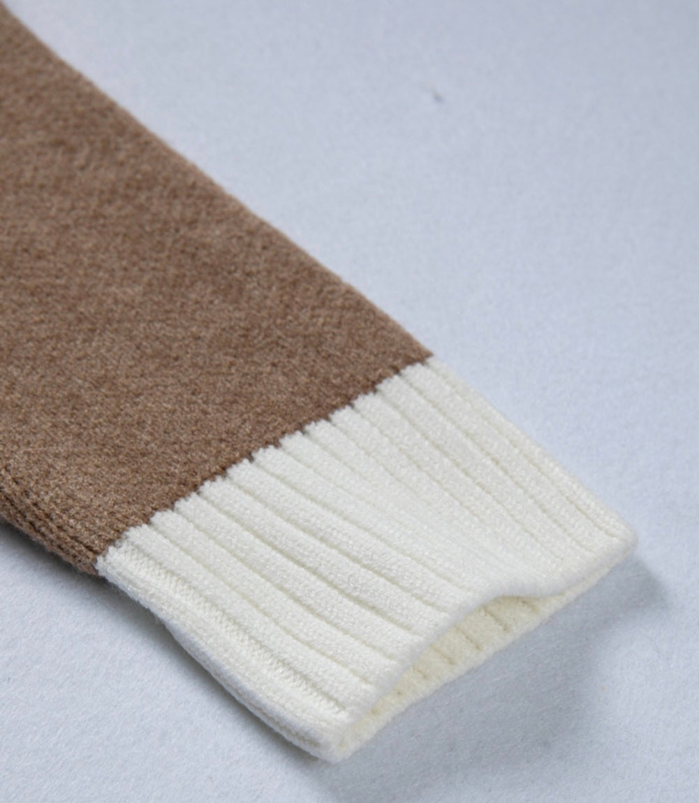 BNB Cardigan - Khaki - Colour Block Raw Edge Detail