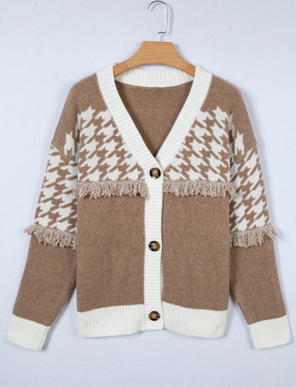 BNB Cardigan - Khaki - Colour Block Raw Edge Detail