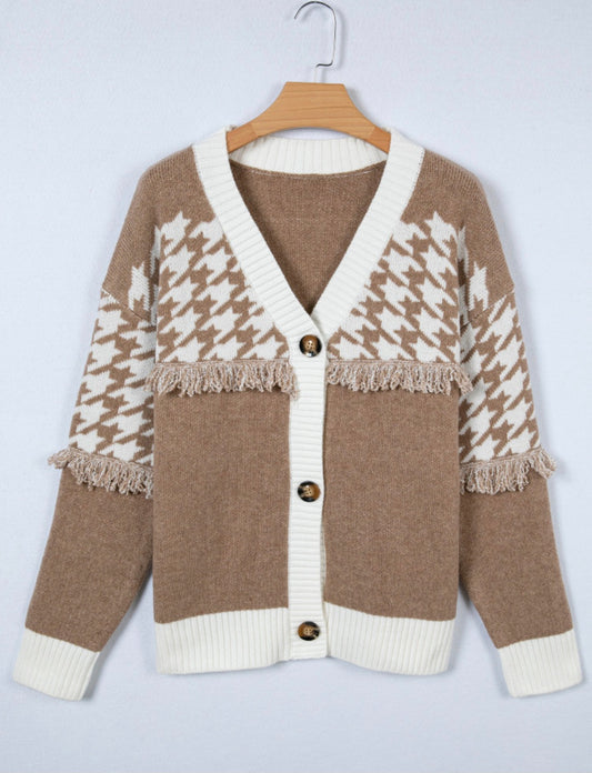 BNB Cardigan - Khaki - Colour Block Raw Edge Detail